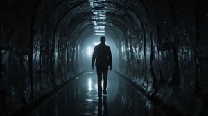 In this dramatic, ultra HD 4k wide-angle shot, a man is shown from behind, walking towards a blindingly bright light at the end of a long, shadowy tunnel. The tunnel walls are rough and industrial, dripping with water and echoing the man’s footsteps. The bright light at the end contrasts sharply with the darkness, casting long shadows. The camera captures the tension of the moment as the man approaches the light, each step deliberate. His silhouette is sharp and defined, adding to the cinematic suspense. The details of the tunnel—every crack in the walls, the glistening wet surfaces, and the distant light—are rendered in stunning 4k clarity, giving the scene a sense of mystery and anticipation.