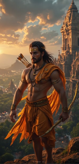 In this **cinematic ultra HD 4K** portrait, **Lord Ram** is depicted in a heroic and divine form, exuding strength, righteousness, and grace. His tall, muscular physique embodies the ideal **warrior-king**, with broad shoulders and a well-defined chest, draped in a flowing **saffron-colored dhoti** that billows gently in the wind. His face, calm yet filled with authority, is adorned with a golden **mukut** (crown) that gleams in the soft light, symbolizing his royal status. His sharp, noble features are framed by long, dark hair, and his eyes, deep and focused, reflect the virtues of **dharma** and compassion.

In his right hand, he firmly holds his iconic **dhanush** (bow), intricately detailed with ancient Indian carvings, while a quiver of arrows rests on his back, signifying his readiness to protect and uphold justice. His other hand rests gently by his side, creating a sense of poised power. **Lord Ram’s aura** glows with divine light, emphasizing his divine role as the protector of righteousness.

The background is a sweeping, cinematic landscape, with the **battleground of Lanka** visible in the distance, illuminated by the soft, golden hues of the setting sun. Ancient Indian temples and lush forests blend with the majestic sky, filled with swirling clouds, creating an epic backdrop. The entire scene, with its rich **Indian cultural essence**, is rendered in vivid detail, capturing the grandeur and heroic presence of **Lord Ram** in a truly cinematic style, blending tradition with a dynamic sense of action and divinity.