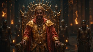 Visualize Duryodhana (male), standing in his royal attire, adorned with intricate golden armor that reflects his royal status and power. His face shows a cunning smile, symbolizing his strategic mind, full of deceit and manipulation. The backdrop is his court, dimly lit with flickering torches casting long shadows on the stone walls, enhancing the sense of secrecy and plotting. His hands rest confidently on the arms of the grand throne, while his advisors and courtiers, shrouded in shadows, lean in, awaiting his commands. The scene captures his mastery over manipulation, with his eyes gleaming with ambition and desire to control. In the cinematic style of Christopher Nolan, the atmosphere is tense, with dramatic lighting and sharp contrasts, evoking a sense of impending betrayal. Every detail, from the texture of Duryodhana’s clothing to the expressions on the faces of those around him, is rendered in 4K Ultra HD, bringing out the rich traditional Indian vibes while emphasizing his darker traits.

