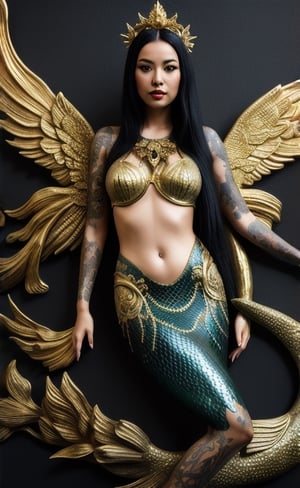 a woman posing for a magazine in gold with elaborate mermaid sculpture, in the style of life-like avian illustrations, 32k uhd, tattoo, dark and intricate, angelcore, elaborate detail 