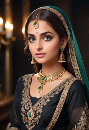 pakistani woman in a simple but elegent dress , wearing dupata, simple , hyper realistic , 8k , beautiful women , fantastic eyes , a very light makeup,no jewelery , small neck of dress, black color shalwar qameez , traditional dress look 