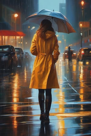 A city street bathed in the gentle glow of street lamps, with a beautiful girl walking in the rain. She's wearing an elegant raincoat, holding a bright umbrella, water droplets bouncing off. Her hair is slightly wet, and her eyes are full of contemplation. The reflections in the puddles and the tranquil scene around her create a mood of peace and beauty. Cinematic. Extremely realistic, masterpiece, professional photography