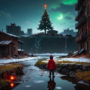 Snowing, silhouette of a lone child looking at a green Christmas tree with red & white decorations by the water in a dark destroyed city, in the style of beeple, mike campau, reflections, caras ionut, whimsical ambiance, dramatic, surrealistic storytelling
