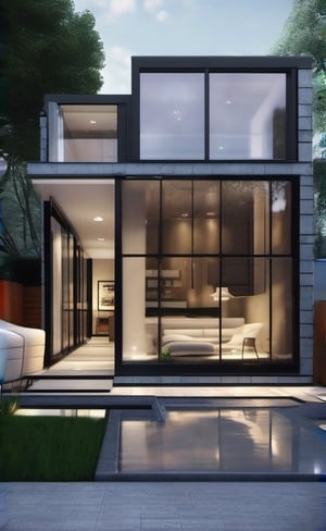 modern house design, photorealistic, wet ground, glass windows 