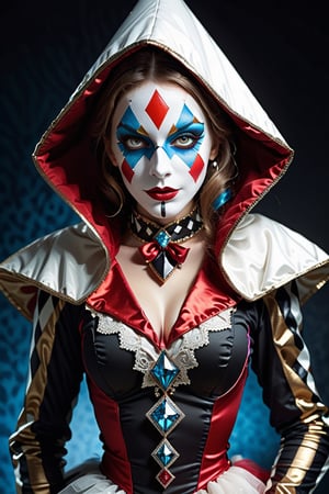 stylized harlequin woman (she covers her nose and mouth with the (closed fan) as if she is making a grimace) in 8k quality, the harlequin must show an attitude of humor and surprise, a woman in a dress and a diamond mask, romantic style , fine collar and hood, realistic and detailed, highlight the color of your eyes, The image must be high impact, the background must be dark and contrast with the harlequin figure, The image must have a high detail resolution of 8ky (full body), (artistic pose of a woman), Detailmaster2, close-up,monster,photo r3al