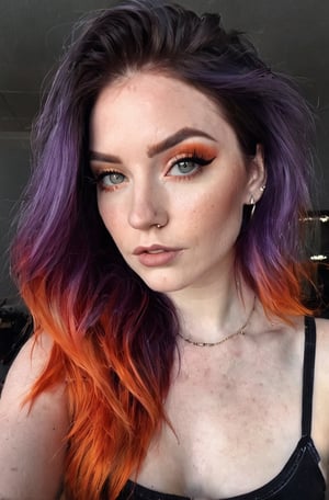 Photo of altgirl, pale skin, masterpiece, cinematic_shot, soft-light_from_the_side, pov_eye_contact, ((deep-dark-purple to flaming-orange tips ombre hair)), black tshirt, (denim leggings), beauty_mark, analog style, 4k, cute nose, black tattoos, Detailedface, trending_on_tumblr, full-body_portrait, eye details, detailed lips, photorealistic