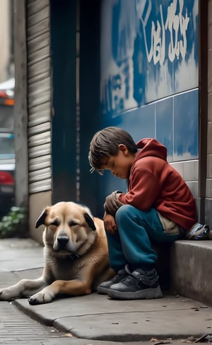 a homeless boy sleeping next to his best friend (dog) on the side of the street in a bustling city, perfect detail, cinematic, atmospheric, wide lens scale, depth in field, perfect rendition