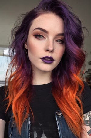 Photo of altgirl, pale skin, masterpiece, cinematic_shot, soft-light_from_the_side, pov_eye_contact, ((deep-dark-purple to flaming-orange tips ombre hair)), black tshirt, (denim leggings), beauty_mark, analog style, 4k, cute nose, black tattoos, Detailedface, trending_on_tumblr, full-body_portrait, eye details, detailed lips, photorealistic