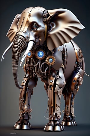 cybernetic elephant made out of different organic and mechanic parts, full body portrait,seen from below, highly detailed, beautiful colours, masterpiece, ,DonMCyb3rN3cr0XL ,cyborg style,biopunk style