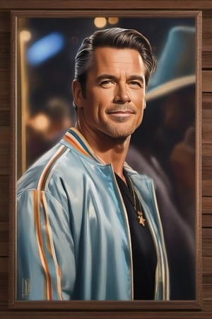 "Create a lifelike digital portrait of a renowned Hollywood star, capturing their distinctive features, signature style, and charismatic presence, set against a backdrop that reflects their most iconic movie roles and career highlights."