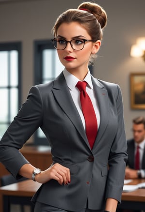 (masterpiece),  The woman has brown hair tied up in a bun, and is wearing a dark gray tailored suit, with a white shirt and a red tie. He wears black-framed glasses and a silver wristwatch,  the image is 8k quality,A girl dancing 