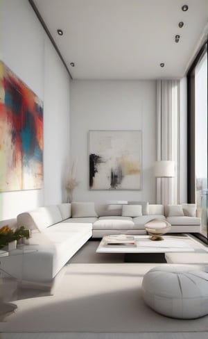 highly detailed interior design, Minimalist, White walls, sleek modern furniture in neutral tones, with pops of color from abstract art, sunlight, Incredibly lit area, photorealism, maximum details