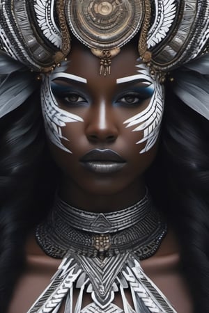 intricate closeup shot, masterpiece artwork, black skin-tight body, tribal, suit, white accent, detailed face features, sharp eyes, extremely detailed, photorealistic, 8k