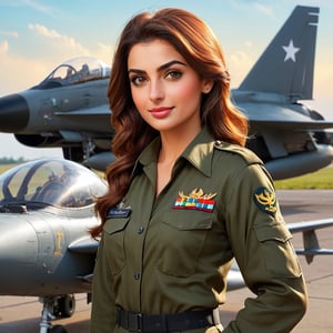 a pilot of pakistan army (women) , handsome , young front pose , infront of a fighter plane , wearing uniform , hyper realistic , 8k