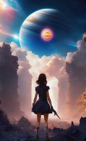 Jupiter is about to collide with Earth, one minute before the end of the world, A person is standing amid ruins ,Jupiter almost collides with the person, Jupiter is in the center of the frame,doomsday, suppression,completed artwork, digital art, Masterpiece,best quality,Vivid colors ,high_school_girl