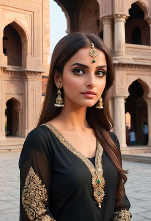 pakistani woman in a simple but elegent dress , wearing dupata, simple , hyper realistic , 8k , beautiful women , fantastic eyes , a very light makeup,no jewelery , small neck of dress, black color shalwar qameez , traditional dress look , complete black dress, infront of badshai mosque lahore pakistan, covered in shalf
