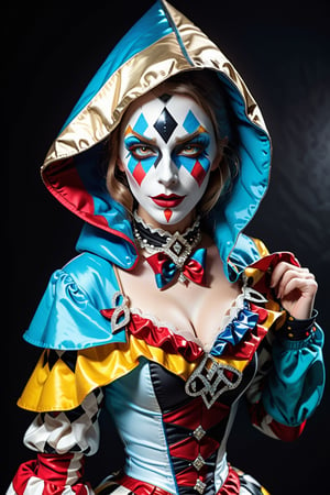 stylized harlequin woman (she covers her nose and mouth with the (closed fan) as if she is making a grimace) in 8k quality, the harlequin must show an attitude of humor and surprise, a woman in a dress and a diamond mask, romantic style , fine collar and hood, realistic and detailed, highlight the color of your eyes, The image must be high impact, the background must be dark and contrast with the harlequin figure, The image must have a high detail resolution of 8ky (full body), (artistic pose of a woman), Detailmaster2, close-up,monster,photo r3al