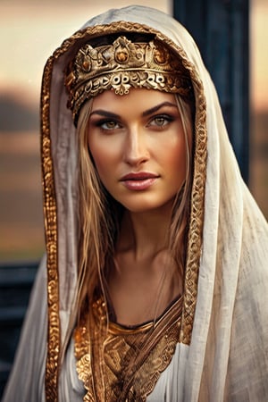 realistic wallpaper image, loving greek goddess Demeter, goddess of the harvest and food, stunning face, cruel and mischievous, smirk, looking down and towards viewer, ultra detailed hooded cloak, symmetrical burning eyes, perfect skin, emboldened, taken with DSLR 150mm lens, shutter speed 1/100, raw color, dramatic, intricately detailed fantasy (ancient greek rural) background, cinematic lighting, textures of natural reflections, action pose, asymmetrical position, 8k, uhd, sfw