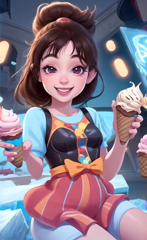 cute, adorable, smiling girl eating ice cream, candies flying all around her, Pixar, disnet, cinema lighting, gaming, 8k, magic.