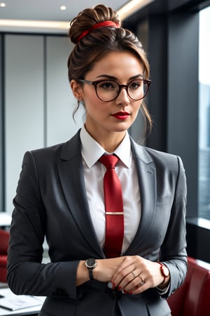 (masterpiece),  The woman has brown hair tied up in a bun,  and is wearing a dark gray tailored suit,  with a white shirt and a red tie. He wears black-framed glasses and a silver wristwatch,  the image is 8k quality