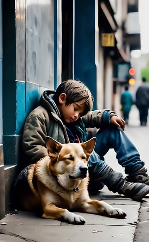 a homeless boy sleeping next to his best friend (dog) on the side of the street in a bustling city, perfect detail, cinematic, atmospheric, wide lens scale, depth in field, perfect rendition