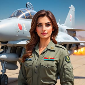 a pilot of pakistan army (women) , handsome , young front pose , infront of a fighter plane , wearing uniform , hyper realistic , 8k