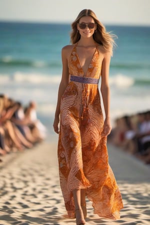 Gorgeous model strutting the runway at a fashion show, wearing breathtaking summer outfits with intricate batik pattern details. The outdoor view near the beach highlights every smallest detail, making the catwalk come alive. 
