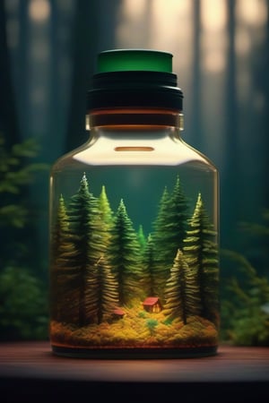 (An intricate forest minitown landscape trapped in a bottle), atmospheric oliva lighting, on the table, 4k UHD, dark vibes, hyper detailed, vibrant colours forest background, epic composition, octane render, sharp focus, high resolution isometric.