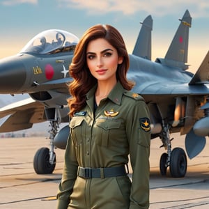 a pilot of pakistan army (women) , handsome , young front pose , infront of a fighter plane , wearing uniform , hyper realistic , 8k