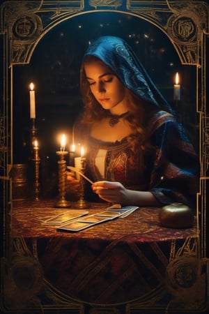 Masterpiece, Best Quality, Mysterious trio of tarot cards a teenage girl , Dramatic lighting, occult symbols, divination ritual, 8k, UHD, HDR.