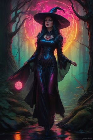 old witch in a creepy forest, dark forest, textured Speedpaint with large rough brush strokes and paint splatter, masterpiece, trending on artstation, oil on canvas, highly detailed fine art, ink painting of a mystical dark fairy forest!! hyperrealism , Pixar gloss, polished, colorful, deep_color vibrant, by Jordan Grimmer, John Howe, Julie Bell, Dan Mumford, comicbook art , perfect_concept art ,3D shading , bright_colored background radial gradient background , centered.,Mechanical part,neon photography style