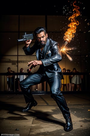  ((Panoramic and open wide shot)), masterpiece, excellent quality, perfect hands,epic running fast shooting machine gun with flames, photo realistic "indian guy", with pistol and machine gun , different weapons knives, katanas, submachine guns, grenades, in a shootout with other men, thriller style, aggressive pose, modern black and white Gucci suit, armed gun, photorealistic, highly detailed, blurry photo, intricate, incredibly detailed, super detailed, gangster texture, detailed , crazy, soft lights and shadows