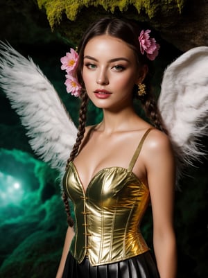 A girl with a beautiful face, with white and feathered wings, braids adorned with tiny flowers, she is luminous, perfect, she wears a gold metallic corset, short fretted leather skirt, close image, place: cave illuminated by bright green, pink moss, great lighting, precise details, high quality, sharpness.