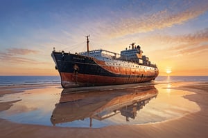 A large tanker stranded on a sandy beach, The hull has weathered considerably over the years, The reflection of the sunset is very beautiful, Calm sea, Fantastic, (masterpiece, best quality, ultra-detailed, very clear)