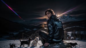 ((medium shot of 1 90 years old male)), ((sitting on top of mountains surrounded by a dozen dogs)), prismatic intelligence, speed of light, cyberpunk makeup by Conor Harrington, by Brian Oldham, dynamic pose, cinematic, extreme artistic, techwear fashion, energetic expressionism, nature, landscapes, back pose, winter, winter_clothes