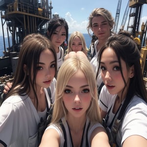 2 women, beautiful, sexy, angelic face, 1 woman brunette, 1 woman blonde, oil rig crews, 12 men around them