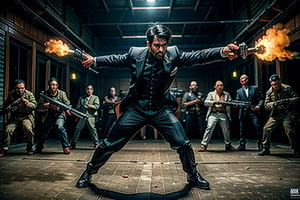  ((Panoramic and open wide shot)), masterpiece, excellent quality, perfect hands,epic running fast shooting machine gun with flames, photo realistic "indian guy", with pistol and machine gun , different weapons knives, katanas, submachine guns, grenades, in a shootout with other men, thriller style, aggressive pose, modern black and white Gucci suit, armed gun, photorealistic, highly detailed, blurry photo, intricate, incredibly detailed, super detailed, gangster texture, detailed , crazy, soft lights and shadows