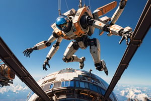 (otherworldly), highly insanely detailed, masterpiece, top quality, best quality, highres, 4k, 8k, RAW photo, (very aesthetic, beautiful and aesthetic),
A man is climbing on top of an alien robot that is hanging from the edge of a space station in orbit above Earth, in the style of Syd Mead and Hajime Sorayama. A blue sky with the planet Earth is visible behind it, with large waves below.