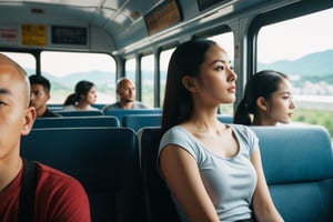 A realistic and detailed 3D render of an 18-year-old Taiwanese girl and a group of bald men inside a bus on a hot summer day. They are all sweating, with the girl and one of the bald men hugging each other. The bus interior shows seats and windows, with an urban landscape visible outside. The lighting is bright and natural, with sunlight streaming through the bus windows, highlighting the warmth and intensity of the summer day.
BREAK,
dramatic lighting,highly detailed,high budget,bokeh,cinemascope,moody,epic,gorgeous,film grain,grainy,masterpiece,best quality,perfect anatomy,very aesthetic,official art,8k,