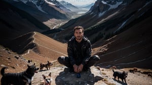 ((medium shot of 1 80 years old male)), ((sitting on top of mountains surrounded by a dozen dogs)), prismatic intelligence, speed of light, cyberpunk makeup by Conor Harrington, by Brian Oldham, dynamic pose, cinematic, extreme artistic, techwear fashion, energetic expressionism, nature, landscapes, back pose, winter, winter_clothes