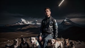 ((medium shot of 1 90 years old male)), ((sitting on top of mountains surrounded by a dozen dogs)), prismatic intelligence, speed of light, cyberpunk makeup by Conor Harrington, by Brian Oldham, dynamic pose, cinematic, extreme artistic, techwear fashion, energetic expressionism, nature, landscapes, back pose, winter, winter_clothes, 