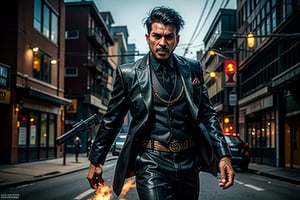  ((Panoramic and open wide shot)), masterpiece, excellent quality, perfect hands,epic running fast shooting machine gun with flames, photo realistic "indian guy", with pistol and machine gun , different weapons knives, katanas, submachine guns, grenades, in a shootout with other men, thriller style, aggressive pose, modern black and white Gucci suit, armed gun, photorealistic, highly detailed, blurry photo, intricate, incredibly detailed, super detailed, gangster texture, detailed , crazy, soft lights and shadows