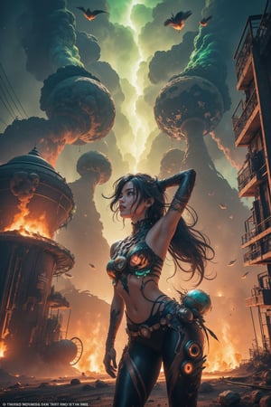 A youthful girl's form slowly contorts and expands, feathers sprouting from her arms and torso as she morphs into a majestic peacock. Against a rich, volcanic backdrop of crimson and burnt orange hues, the Alboca glass manufacturing facility hums in the background. Gigapascal pressure vessels glow with an eerie uranium green light, casting an otherworldly ambiance on the scene. The raw, photorealistic depiction captures the surreal moment with unflinching accuracy.,Illustration