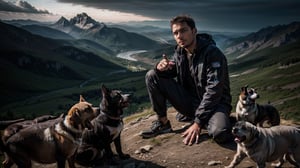 ((medium shot of 1 90 years old male)), ((sitting on top of mountains surrounded by a dozen dogs)), prismatic intelligence, speed of light, cyberpunk makeup by Conor Harrington, by Brian Oldham, dynamic pose, cinematic, extreme artistic, techwear fashion, energetic expressionism, nature, landscapes, looking away,