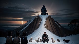 ((medium shot of 1 90 years old male)), ((sitting on top of mountains surrounded by a dozen dogs)), prismatic intelligence, speed of light, cyberpunk makeup by Conor Harrington, by Brian Oldham, dynamic pose, cinematic, extreme artistic, techwear fashion, energetic expressionism, nature, landscapes, back pose, no face, winter