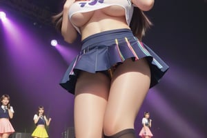 candid photo of (korean girl, korean idol) performing on stage, elaborate schoolgirl costume, colorful clothes, miniskirt, thighhighs, (underboob, upskirt), (hands behind back, leaning forward), (realistic skin texture, glistening skin) colorful lights, detailed background, closeup