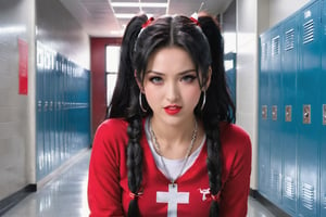 Here's a masterpiece prompt for you:

Rin Tohsaka, dressed in her iconic red sweater and white cross necklace, poses confidently in the school hallway, surrounded by grey lockers. Her long, black hair is styled with twintails tied back with a black ribbon and parted bangs framing her expressive face. Her aqua eyes sparkle with determination as she kneels on one knee, reaching out with one hand to point at the viewer. A red lightning effect crackles around her finger, radiating her magic. Her glossy pink lips curve into a sly smile as she winks at us, her brow furrowed in a mixture of anger and intensity. The air is charged with electricity as she speaks through a speech bubble, her clenched teeth a testament to her fiery passion.