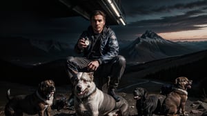 ((medium shot of 1 90 years old male)), ((sitting on top of mountains surrounded by a dozen dogs)), prismatic intelligence, speed of light, cyberpunk makeup by Conor Harrington, by Brian Oldham, dynamic pose, cinematic, extreme artistic, techwear fashion, energetic expressionism, nature, landscapes, back pose, no face,