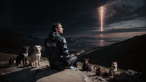 ((medium shot of 1 90 years old male)), ((sitting on top of mountains surrounded by a dozen dogs)), prismatic intelligence, speed of light, cyberpunk makeup by Conor Harrington, by Brian Oldham, dynamic pose, cinematic, extreme artistic, techwear fashion, energetic expressionism, nature, landscapes, back pose, 