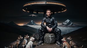 ((medium shot of 1 60 y.o. male sci-fi warrior)), ((sitting on top of mountains surrounded by a dozen dogs)), in the style of futuristic digital photo, prismatic intelligence, speed of light, cyberpunk makeup by Conor Harrington, by Brian Oldham, dynamic pose, cinematic, extreme artistic, techwear fashion, energetic expressionism, nature, landscapes,